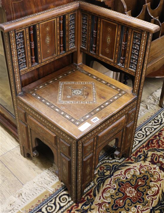 A Syrian mother of pearl and bone inlaid corner chair W.45cm